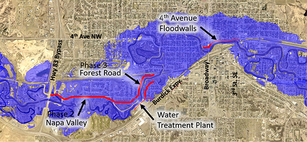 Location map showing phases of the Mouse River Enhanced Flood Protection Project overlaid with the 100-year floodplain, identifying key areas of investment.