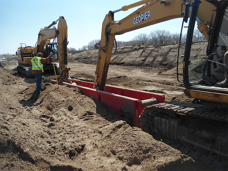A landslide seepage relief trench was dug to manage seepage under the levee during flooding events.
