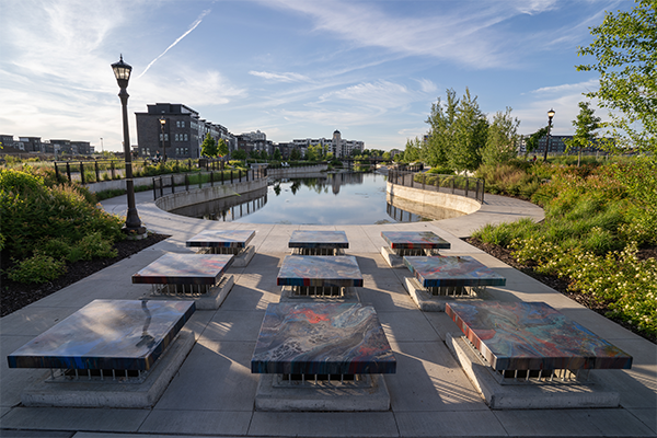 The Highland Bridge district stormwater management system supports the transformation of a former industrial riverfront site in Saint Paul, Minnesota, into a sustainability-focused, mixed‑use community.