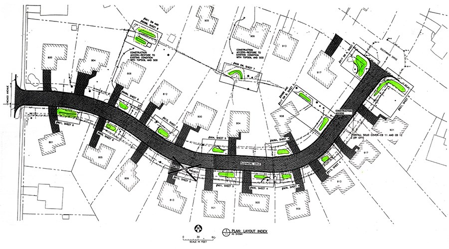 A curving residential street plan shows multiple houses with small green bioretention areas highlighted in bright green along the roadway.