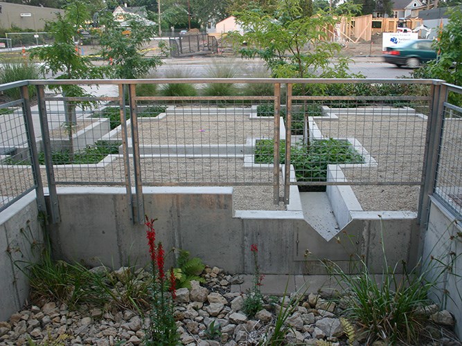 A small landscaped garden with geometric gravel beds and young plants sits behind a metal railing beside a street.