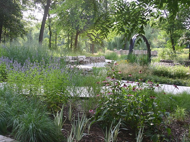 A garden pathway winds through dense plantings of wildflowers, tall grasses, and leafy trees toward a small stone seating area and sculptural arch.
