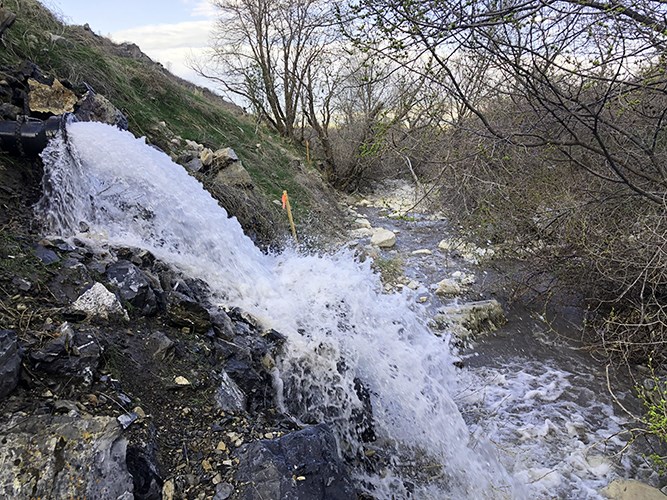 A fast‑flowing stream of water pours from a pipe down a rocky slope into a creek bordered by leafless trees and shrubs.