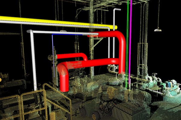 3D laser scan of piping for pipe modeling in plant expansion. 3D laser scan of piping for pipe modeling in plant expansion.
